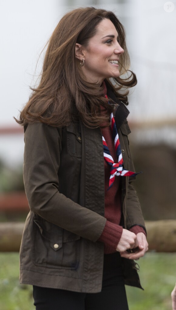 Catherine (Kate) Middleton, duchesse de Cambridge, se rend au siège des scouts de Gilwell Park pour en apprendre davantage sur leur nouvelle organisation et leur mode de vie. Cette organisation scout est destinée aux jeunes enfants, la visite célèbre également le centième anniversaire du parc Gilwell. Londres, le 28 mars 2019