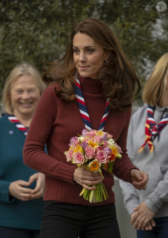 Catherine (Kate) Middleton, duchesse de Cambridge, se rend au siège des scouts de Gilwell Park pour en apprendre davantage sur leur nouvelle organisation et leur mode de vie. Cette organisation scout est destinée aux jeunes enfants, la visite célèbre également le centième anniversaire du parc Gilwell. Londres, le 28 mars 2019