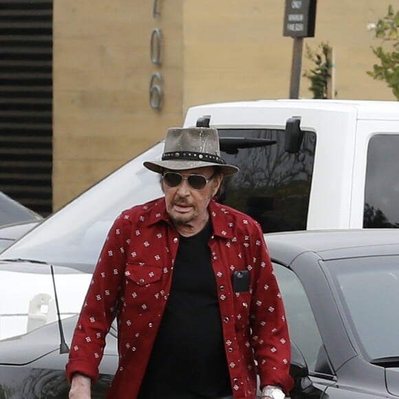 Johnny Hallyday arrive avec sa chienne Cheyenne pour aller déjeuner avec ses amis, P. Rambaldi et le musicien J.C. Sindres au restaurant Nobu dans le quartier de Malibu à Los Angeles, Californie, Etats-Unis, le 2 avril 2017.