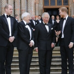 Le prince William, duc de Cambridge, Sir David Attenborough, le prince Charles, prince de Galles, le prince Harry, duc de Sussex, à la première de la série Netflix "Our Planet" au Musée d'Histoires Naturelles à Londres, le 4 avril 2019.