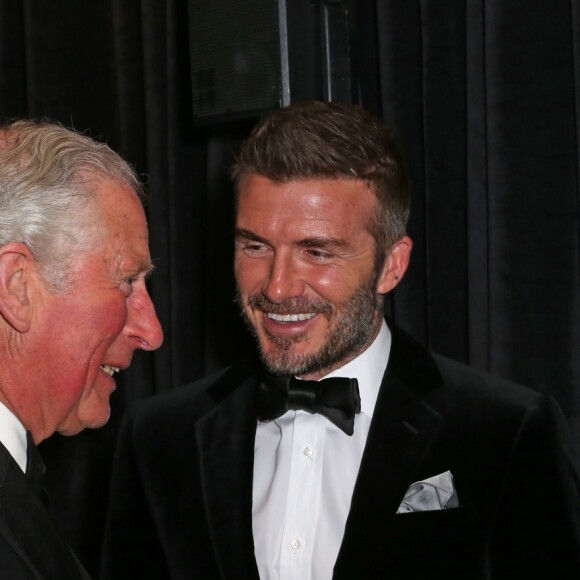 Le prince Charles, prince de Galles, David Beckham et son fils Brooklyn lors de la première de la série Netflix "Our Planet" au Musée d'Histoires Naturelles à Londres, le 4 avril 2019.