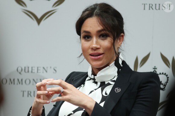 Meghan Markle (enceinte), duchesse de Sussex, lors d'une discussion conjointe avec le Trust The Queen's Commonwealth à l'occasion de la journée mondiale du droit des femmes. Londres, le 8 mars 2019