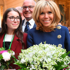 La première dame Brigitte Macron (Trogneux) - Le président de la République française et sa femme la Première Dame lors d'une réception pour le commerce alimentaire de proximité au Palais de l'Elysée à Paris, France, le 29 avril 2018. © Christian Liewig/Pool/Bestimage