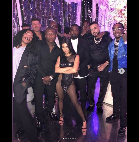 De gauche à droite : Luka Sabbat, Robin Thicke, OT Genasis, Dave Chappelle, Kanye West, Travis Scott, French Montana, Quavo et Kourtney Kardashian - Soirée d'anniversaire de Kourtney Kardashian (40 ans). Los Angeles, le 18 avril 2019.