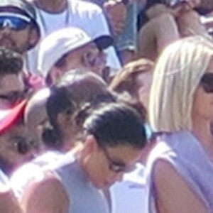 Le clan Kardashian (Kim, Khloe et Kourtney Kardashian, Kris, Kendall et Kylie Jenner) et leurs amis (Luka Shabbat, Hailey Balwin, Travis Scott, assistent à la messe de Kanye West lors du festival "Coachella 2019" à Indio, le 21 avril 2019.