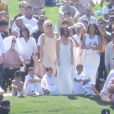 Le clan Kardashian (Kim, Khloe et Kourtney Kardashian, Kris, Kendall et Kylie Jenner) et leurs amis (Luka Shabbat, Hailey Balwin, Travis Scott, assistent à la messe de Kanye West lors du festival "Coachella 2019" à Indio, le 21 avril 2019.