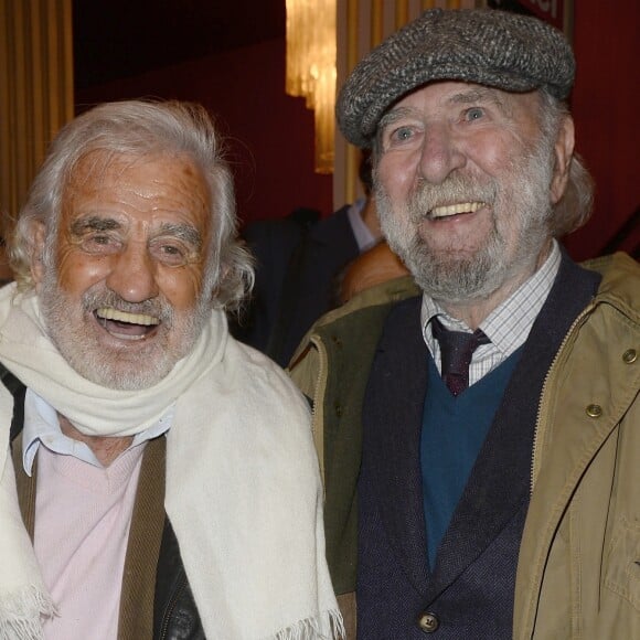 Jean-Paul Belmondo et Jean-Pierre Marielle à la générale de la pièce "A torts et à raison" au théâtre Hébertot à Paris le 25 janvier 2016. © Coadic Guirec/Bestimage