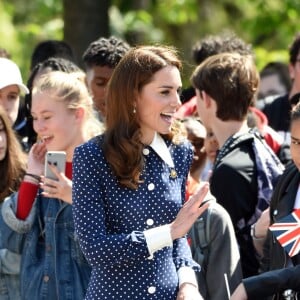 Catherine (Kate) Middleton, duchesse de Cambridge, se rend au Bletchley Park pour assister à l'inauguration d'une exposition dans un bâtiment récemment rénové du Teleprinter Building, à l'occasion de son 75e anniversaire du débarquement. Bletchley, 14 mai 2019.