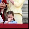 Kate Middleton, duchesse de Cambridge, a en douceur empêché son fils le prince Louis de Cambridge, âgé de 13 mois, de sucer son pouce alors qu'il assistait pour la première fois le 8 juin 2019 à la parade Trooping the Colour, depuis le balcon du palais de Buckingham à Londres.