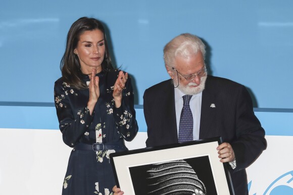 La reine Letizia d'Espagne (en robe Massimo Dutti) lors de la cérémonie de remise des Prix du comité espagnol de l'UNICEF 2019 le 11 juin 2019 au siège du Conseil supérieur de la recherche scientifique à Madrid.