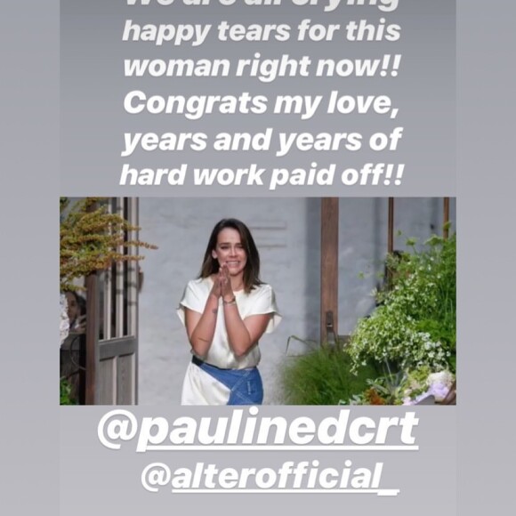 Image de la story Instagram de Pauline Ducruet à l'occasion du défilé de la première collection de la marque de vêtements de sa marque Alter Designs, printemps-été 2020, à La Cartonnerie à Paris le 18 juin 2019.