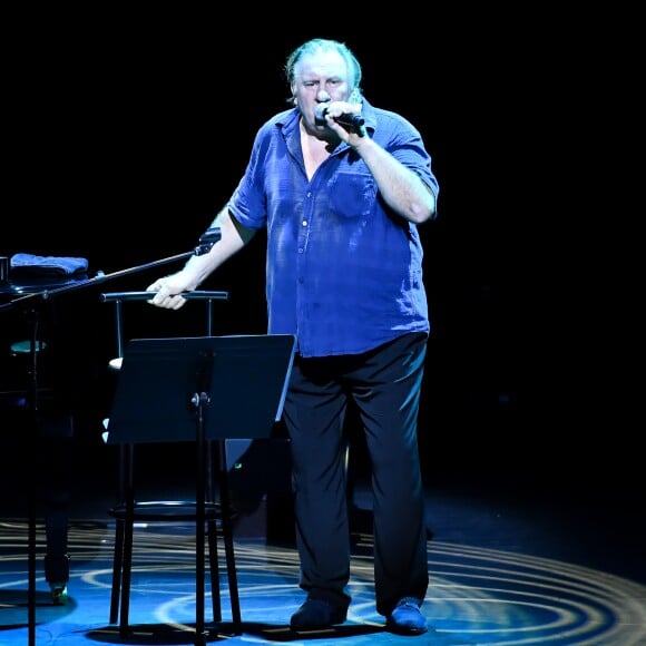 Gérard Depardieu chante "Barbara" à l'Opéra Garnier Monte-Carlo (Salle Garnier) dans le cadre du Monte-Carlo Sporting Summer Festival. Il est accompagné sur scène par celui qui fût le compagnon de route de la chanteuse pendant quinze ans, le pianiste, Gérard Daguerre. Monaco, le 27 juillet 2017. © Michel Alesi/Bestimage