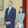 Le roi Felipe VI et la reine Letizia (robe Hugo Boss) d'Espagne au palais royal du Pardo à Madrid le 26 juin 2019 lors de l'assemblée générale des patronages de la Fondation Princesse des Asturies. Le couple royal a évoqué la première participation de la princesse Leonor des Asturies à la cérémonie des prix Princesse des Asturies au mois d'octobre.