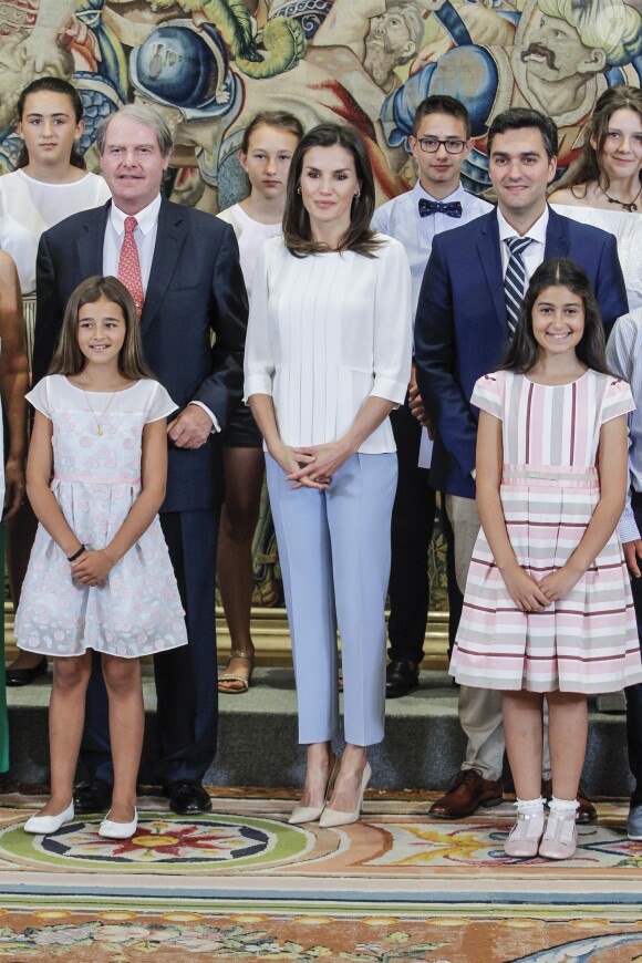 La reine Letizia d'Espagne lors de ses audiences au palais de la Zarzuela à Madrid le 27 juin 2019.