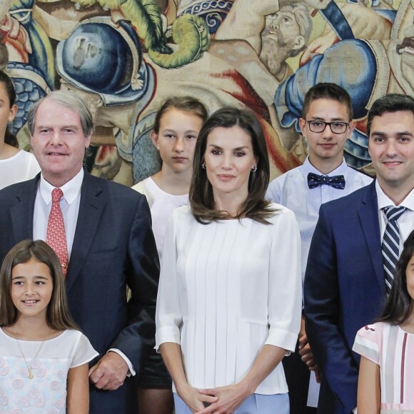 La reine Letizia d'Espagne lors de ses audiences au palais de la Zarzuela à Madrid le 27 juin 2019.