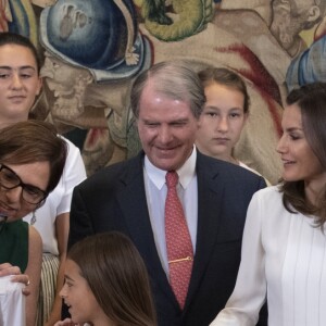 La reine Letizia d'Espagne lors de ses audiences au palais de la Zarzuela à Madrid le 27 juin 2019.