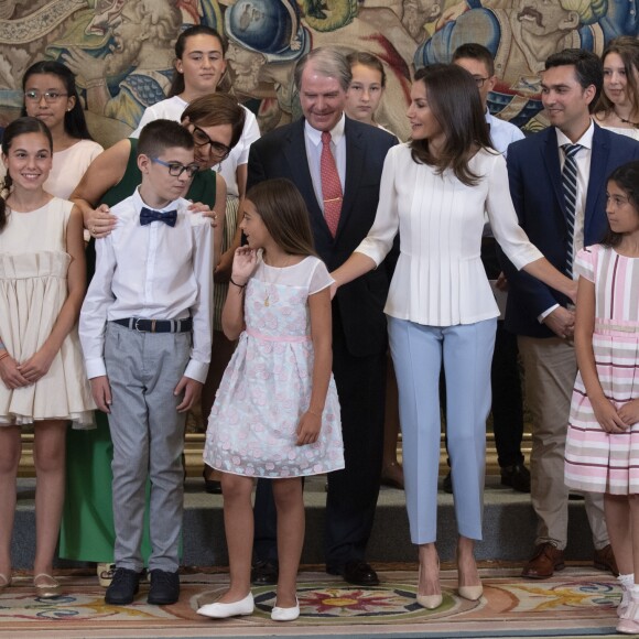 La reine Letizia d'Espagne lors de ses audiences au palais de la Zarzuela à Madrid le 27 juin 2019.