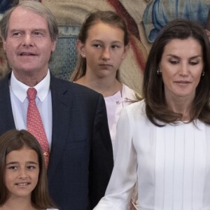La reine Letizia d'Espagne lors de ses audiences au palais de la Zarzuela à Madrid le 27 juin 2019.
