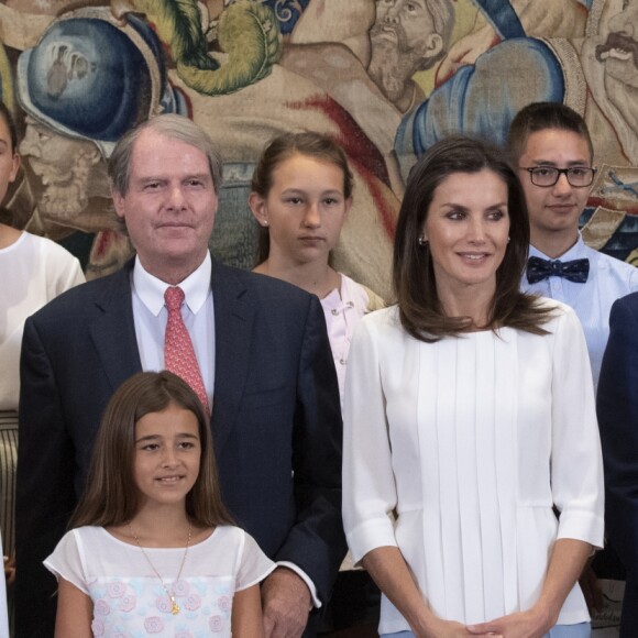 La reine Letizia d'Espagne lors de ses audiences au palais de la Zarzuela à Madrid le 27 juin 2019.