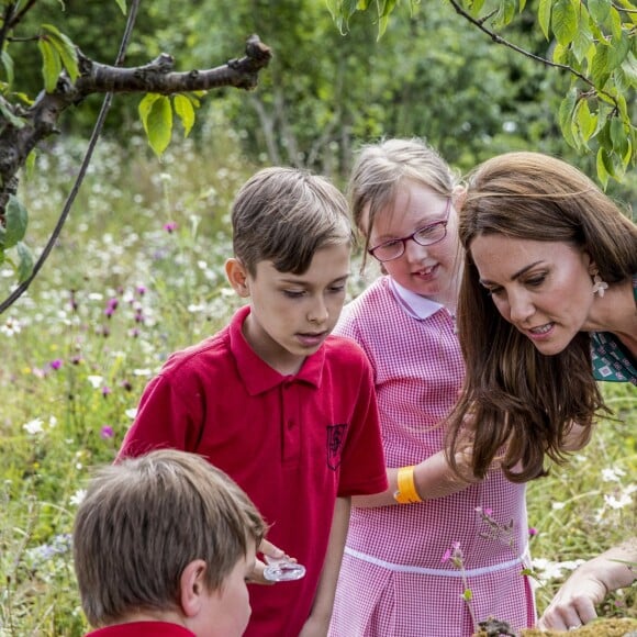 Catherine (Kate) Middleton, duchesse de Cambridge, invite les enfants du centre Anna Freud, de l'hôpital Evelina pour enfants, de Action for Children et de Place2Be à se joindre à elle pour un pique-nique suivi d'une chasse au trésor et une identification d'insectes. Dans le cadre de son programme pour inciter les familles et les communautés à passer du temps en plein air, le jardin RHS Back to Nature de la Duchesse de Cambridge sera transféré au festival RHS Garden Garden Festival. Londres, le 1er juillet 2019.