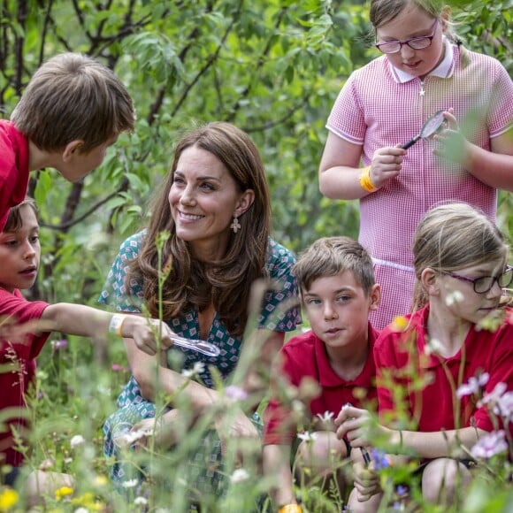 Catherine (Kate) Middleton, duchesse de Cambridge, invite les enfants du centre Anna Freud, de l'hôpital Evelina pour enfants, de Action for Children et de Place2Be à se joindre à elle pour un pique-nique suivi d'une chasse au trésor et une identification d'insectes. Dans le cadre de son programme pour inciter les familles et les communautés à passer du temps en plein air, le jardin RHS Back to Nature de la Duchesse de Cambridge sera transféré au festival RHS Garden Garden Festival. Londres, le 1er juillet 2019.