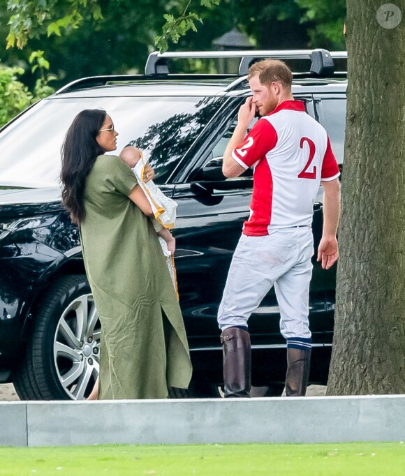 Le prince Harry, duc de Sussex, Meghan Markle, duchesse de Sussex et leur fils Archie Harrison Mountbatten-Windsor lors d'un match de polo de bienfaisance King Power Royal Charity Polo Day à Wokinghan, comté de Berkshire, Royaume Uni, le 10 juillet 2019.