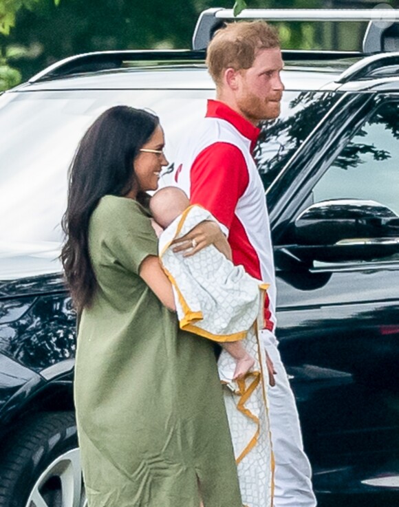 Le prince Harry, duc de Sussex, Meghan Markle, duchesse de Sussex et leur fils Archie Harrison Mountbatten-Windsor lors d'un match de polo de bienfaisance King Power Royal Charity Polo Day à Wokinghan, comté de Berkshire, Royaume Uni, le 10 juillet 2019.