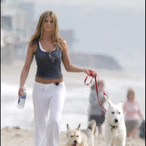 Jennifer Aniston promène ses chiens sur une plage de Los Angeles, en 2007.