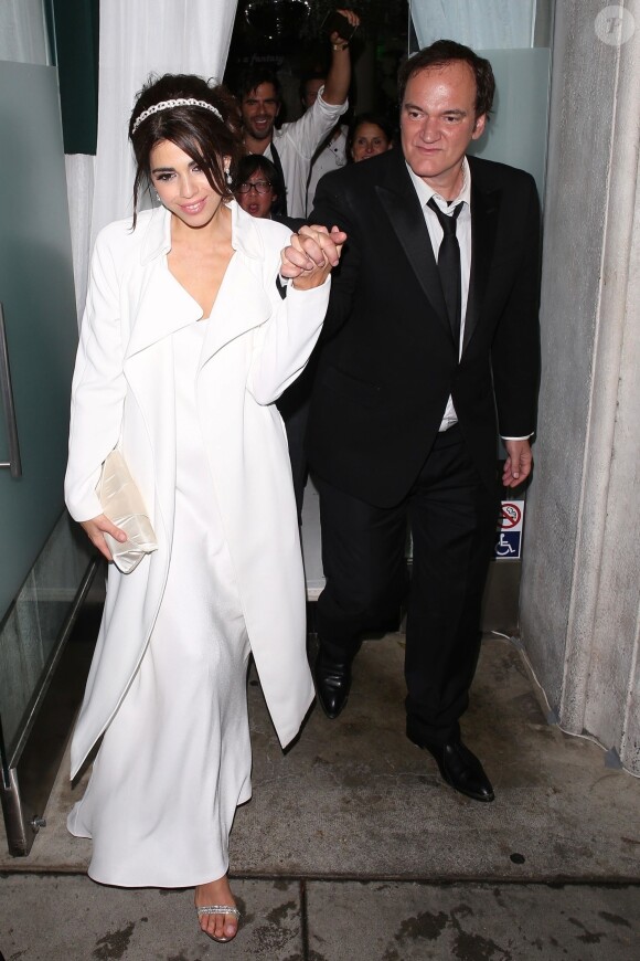 Mariage de Quentin Tarantino avec le mannequin Daniella Pick à Beverly Hills. Daniella est rayonnante dans sa robe de mariée signée Dana Harel. Le 28 novembre 2018