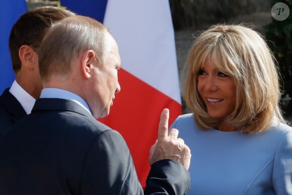 Le président Vladimir Poutine, le président Emmanuel Macron, la première dame Brigitte Macron - Le président de la République reçoit le président de la fédération de Russie au Fort de Brégançon le 19 août 2019.