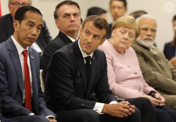 Joko Widodo (président de la République d'Indonésie), Emmanuel Macron (président de la République Française), Jair Bolsonaro (président de la République fédérative du Brésil), Angela Merkel (chancelière d'Allemagne) et Narendra Modi (premier Ministre de l'Inde) - Evènement parallèle organisé par le Premier Ministre japonais, sur le thème "Promouvoir la place des femmes au travail" au centre de congrès Intex Osaka lors du sommet du G20 à Osaka, Japon, le 29 juin 2019. © Dominque Jacovides/Pool/Bestimage