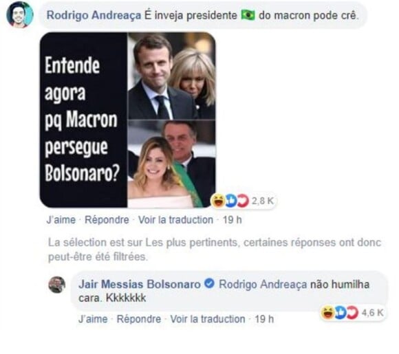 Jair Bolsonaro se moque du physique Macron sur Facebook le 25 août 2019.