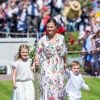 La princesse héritière Victoria et le prince Daniel de Suède avec leurs enfants la princesse Estelle et le prince Oscar le 14 juillet 2019 à la Villa Solliden sur l'île d'Öland, le jour du 42e anniversaire de Victoria.