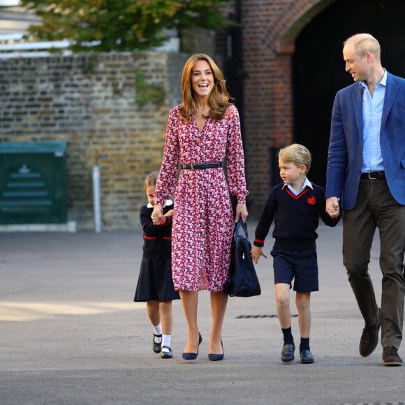 Le prince William, duc de Cambridge, et Catherine (Kate) Middleton, duchesse de Cambridge, accompagnent le prince George et la princesse Charlotte pour leur rentrée scolaire à l'école Thomas's Battersea à Londres, Royaume Uni, le 5 septembre 2019.