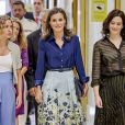 La reine Letizia d'Espagne (jupe Carolina Herrera) présidait le 5 septembre 2019 à Madrid la 3e Journée sur le traitement informatif du handicap dans les médias.