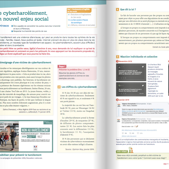 Manuel d'Histoire pour les classes de première- section éducation civique- page consacrée au cyberharcèlement et à Bilal Hassani- Septembre 2019.