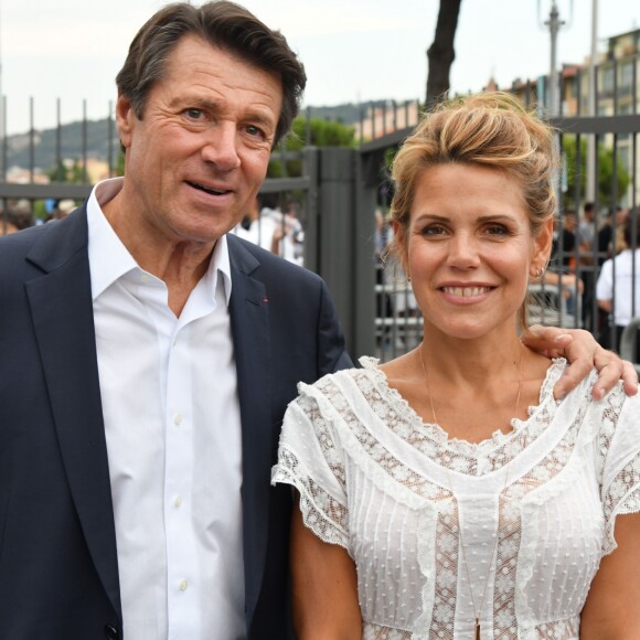 Christian Estrosi et sa femme Laura Tenoudji arrivant pour "Lou Festin Nissart", le grand banquet populaire organisé dans le jardin Albert 1er à Nice par l'association des Amis du Maire, le 30 août 2019. © Bruno Bebert / Bestimage