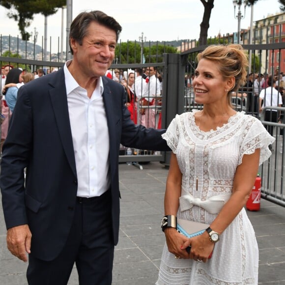 Christian Estrosi et sa femme Laura Tenoudji arrivant pour "Lou Festin Nissart", le grand banquet populaire organisé dans le jardin Albert 1er à Nice par l'association des Amis du Maire, le 30 août 2019. © Bruno Bebert / Bestimage