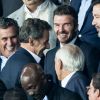 David Beckham et Nicolas Sarkozy dans les tribunes lors du match UEFA Ligue des Champions groupe A, opposant le Paris Saint-Germain (PSG) au Real Madrid au Parc des Princes à Paris, France, le 18 septembre 2019. Le PSG a gagné 3-0. © Cyril Moreau/Bestimage