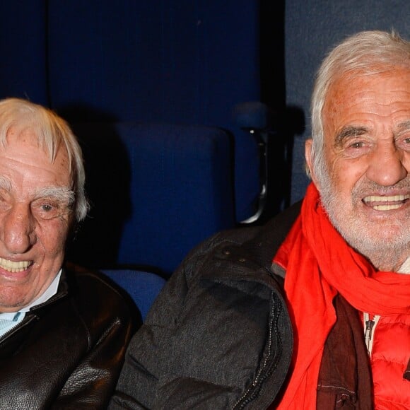 (Info - Charles Gérard est mort le 19 septembre 2019 à 96 ans) - Exclusif - Charles Gérard et Jean-Paul Belmondo au concert de Charles Aznavour au Palais des Sports à Paris, le 21 décembre 2016. © Guirec Coadic/Bestimage