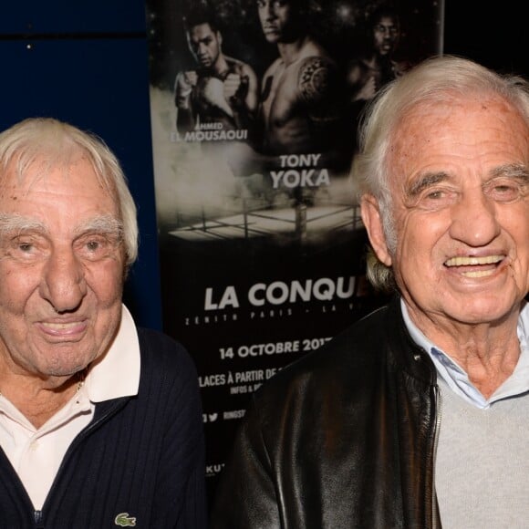 (Info - Charles Gérard est mort le 19 septembre 2019 à 96 ans) - Exclusif - Jean-Paul Belmondo et Charles Gérard - Célébrités au cocktail après le deuxième combat professionnel "La conquête" du français T. Yoka contre l'américain J. Rice au Zénith de Paris, France, le 14 octobre 2017. Tony remporte aux points son deuxième combat professionnel contre l'Américain. © Rachid Bellak/Bestimage