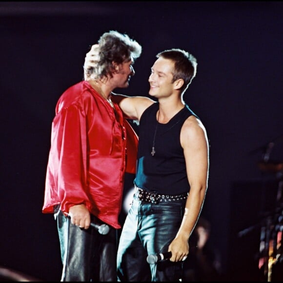 Johnny et son fils David en concert au Parc des Princes en 1993.