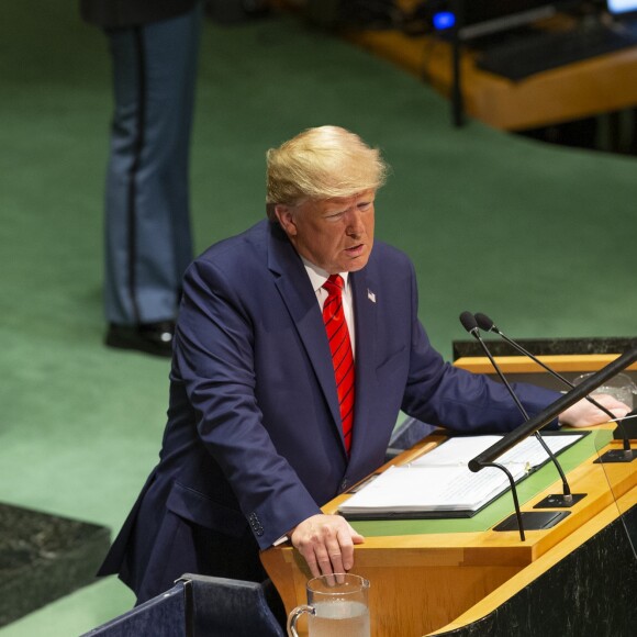 Le président des Etats-Unis Donald J. Trump pendant son discours, le premier jour de la 74ème assemblée générale de l'organisation des Nations-Unis (ONU) à New York City, New York, Etats-Unis, le 24 septembre 2019.