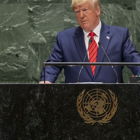 Le président des Etats-Unis Donald J. Trump pendant son discours, le premier jour de la 74ème assemblée générale de l'organisation des Nations-Unis (ONU) à New York City, New York, Etats-Unis, le 24 septembre 2019.
