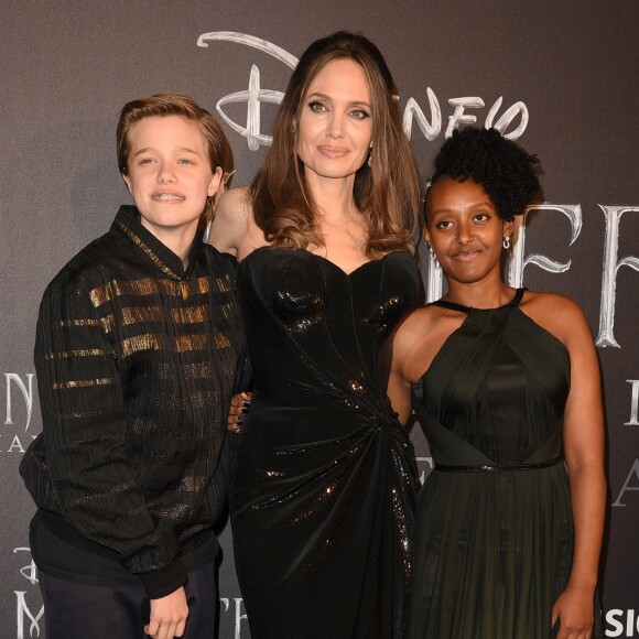 Angelina Jolie et ses deux enfants Shiloh Jolie Pitt et Zahara Jolie Pitt assistent à l'avant-première de "Maléfique : Le pouvoir du Mal" à Rome, le 7 octobre 2019.