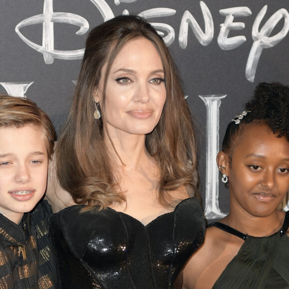Angelina Jolie et ses deux enfants Shiloh Jolie Pitt et Zahara Jolie Pitt assistent à l'avant-première de "Maléfique : Le pouvoir du Mal" à Rome, le 7 octobre 2019.