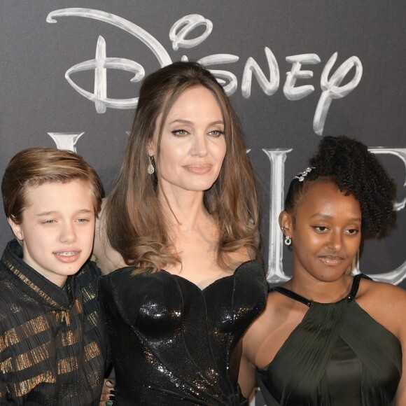 Angelina Jolie et ses deux enfants Shiloh Jolie Pitt et Zahara Jolie Pitt assistent à l'avant-première de "Maléfique : Le pouvoir du Mal" à Rome, le 7 octobre 2019.
