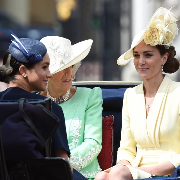 Meghan Markle, duchesse de Sussex, Camilla Parker Bowles, duchesse de Cornouailles, Catherine (Kate) Middleton, duchesse de Cambridge - La parade Trooping the Colour 2019, célébrant le 93ème anniversaire de la reine Elisabeth II, au palais de Buckingham, Londres, le 8 juin 2019.