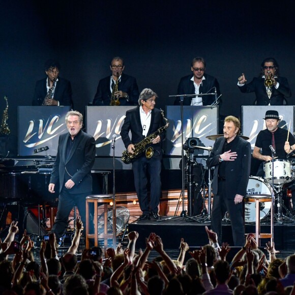Eddy Mitchell, Jacques Dutronc, Johnny Hallyday - Concert des "Vieilles Canailles" à l'AccorHotels Arena à Paris, le 25 juin 2017. © Olivier Borde/Bestimage