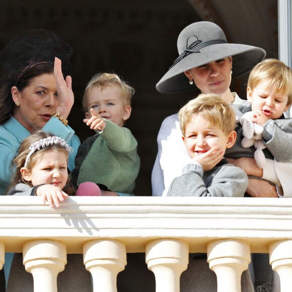 La princesse Caroline de Hanovre et son petit-fils Francesco, Tatiana Santo Domingo et ses enfants Sacha, India et Maximilian - La famille princière de Monaco au balcon du palais lors de la Fête nationale monégasque à Monaco. Le 19 novembre 2019 © Dominique Jacovides / Bestimage